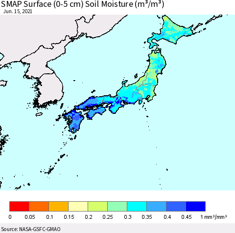 Japan SMAP Surface (0-5 cm) Soil Moisture (m³/m³) Thematic Map For 6/11/2021 - 6/15/2021