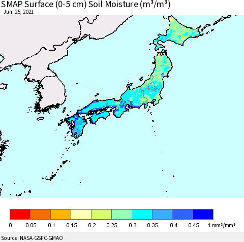 Japan SMAP Surface (0-5 cm) Soil Moisture (m³/m³) Thematic Map For 6/21/2021 - 6/25/2021