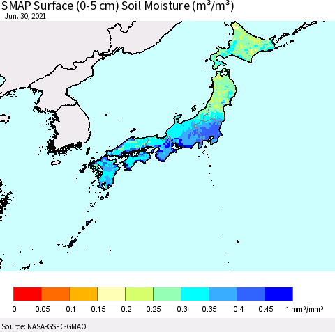 Japan SMAP Surface (0-5 cm) Soil Moisture (m³/m³) Thematic Map For 6/26/2021 - 6/30/2021