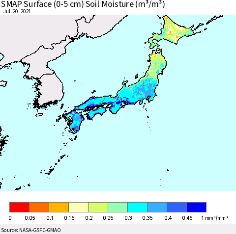 Japan SMAP Surface (0-5 cm) Soil Moisture (m³/m³) Thematic Map For 7/16/2021 - 7/20/2021