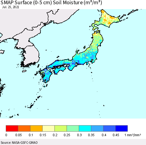 Japan SMAP Surface (0-5 cm) Soil Moisture (m³/m³) Thematic Map For 7/21/2021 - 7/25/2021