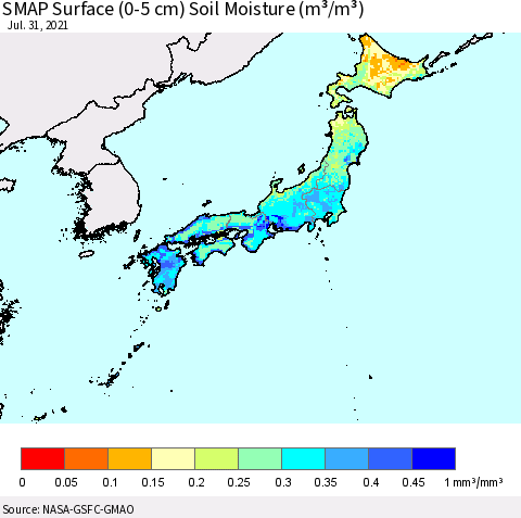 Japan SMAP Surface (0-5 cm) Soil Moisture (m³/m³) Thematic Map For 7/26/2021 - 7/31/2021