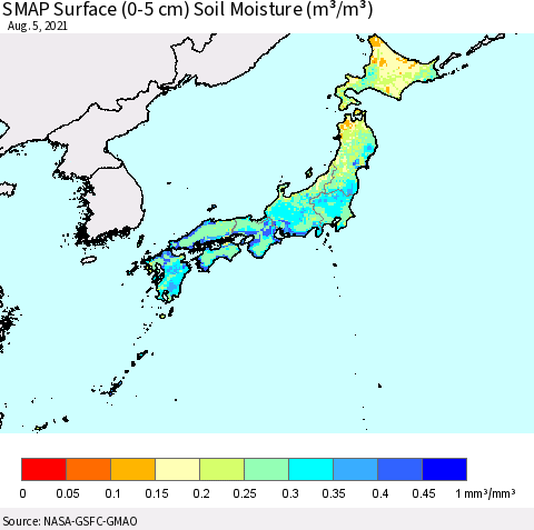 Japan SMAP Surface (0-5 cm) Soil Moisture (m³/m³) Thematic Map For 8/1/2021 - 8/5/2021