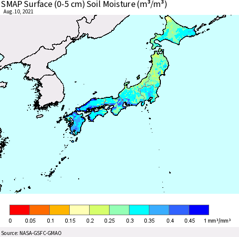 Japan SMAP Surface (0-5 cm) Soil Moisture (m³/m³) Thematic Map For 8/6/2021 - 8/10/2021