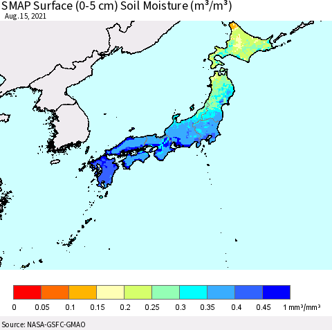Japan SMAP Surface (0-5 cm) Soil Moisture (m³/m³) Thematic Map For 8/11/2021 - 8/15/2021