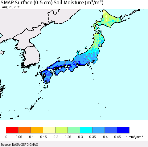 Japan SMAP Surface (0-5 cm) Soil Moisture (m³/m³) Thematic Map For 8/16/2021 - 8/20/2021