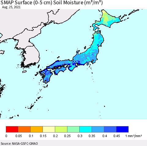 Japan SMAP Surface (0-5 cm) Soil Moisture (m³/m³) Thematic Map For 8/21/2021 - 8/25/2021