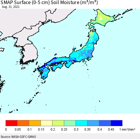 Japan SMAP Surface (0-5 cm) Soil Moisture (m³/m³) Thematic Map For 8/26/2021 - 8/31/2021