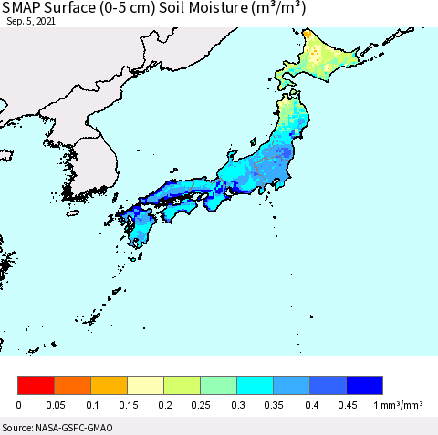 Japan SMAP Surface (0-5 cm) Soil Moisture (m³/m³) Thematic Map For 9/1/2021 - 9/5/2021