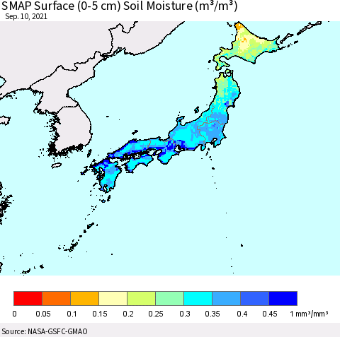 Japan SMAP Surface (0-5 cm) Soil Moisture (m³/m³) Thematic Map For 9/6/2021 - 9/10/2021