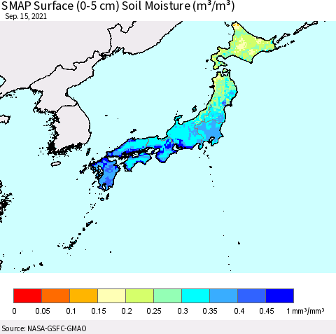 Japan SMAP Surface (0-5 cm) Soil Moisture (m³/m³) Thematic Map For 9/11/2021 - 9/15/2021