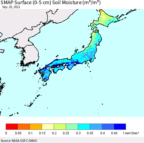 Japan SMAP Surface (0-5 cm) Soil Moisture (m³/m³) Thematic Map For 9/16/2021 - 9/20/2021