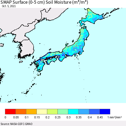 Japan SMAP Surface (0-5 cm) Soil Moisture (m³/m³) Thematic Map For 10/1/2021 - 10/5/2021