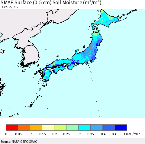 Japan SMAP Surface (0-5 cm) Soil Moisture (m³/m³) Thematic Map For 10/21/2021 - 10/25/2021