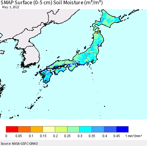 Japan SMAP Surface (0-5 cm) Soil Moisture (m³/m³) Thematic Map For 5/1/2022 - 5/5/2022