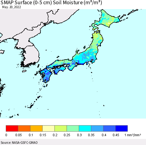 Japan SMAP Surface (0-5 cm) Soil Moisture (m³/m³) Thematic Map For 5/16/2022 - 5/20/2022