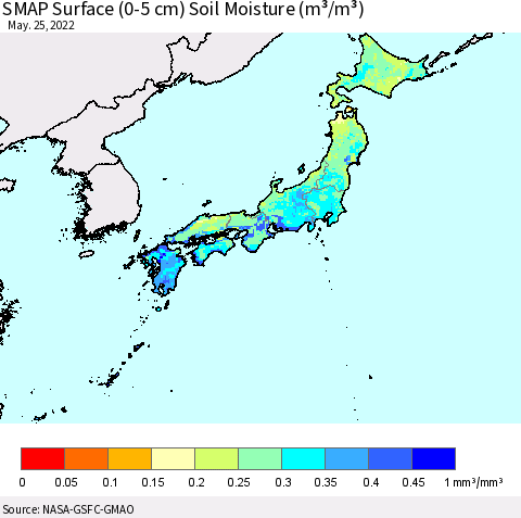 Japan SMAP Surface (0-5 cm) Soil Moisture (m³/m³) Thematic Map For 5/21/2022 - 5/25/2022