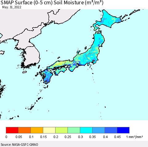 Japan SMAP Surface (0-5 cm) Soil Moisture (m³/m³) Thematic Map For 5/26/2022 - 5/31/2022
