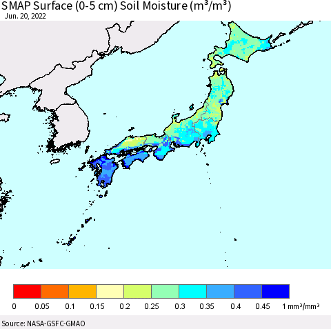 Japan SMAP Surface (0-5 cm) Soil Moisture (m³/m³) Thematic Map For 6/16/2022 - 6/20/2022