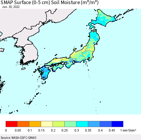 Japan SMAP Surface (0-5 cm) Soil Moisture (m³/m³) Thematic Map For 6/26/2022 - 6/30/2022
