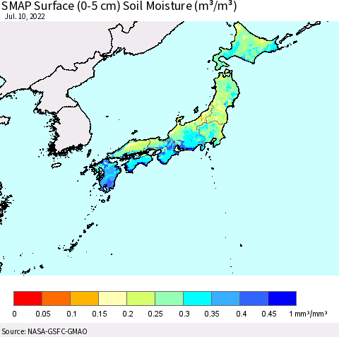 Japan SMAP Surface (0-5 cm) Soil Moisture (m³/m³) Thematic Map For 7/6/2022 - 7/10/2022