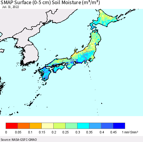 Japan SMAP Surface (0-5 cm) Soil Moisture (m³/m³) Thematic Map For 7/26/2022 - 7/31/2022
