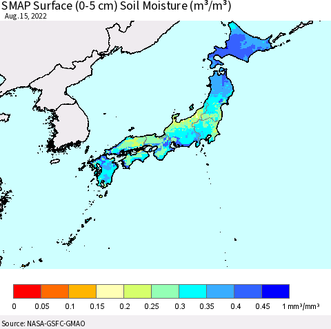 Japan SMAP Surface (0-5 cm) Soil Moisture (m³/m³) Thematic Map For 8/11/2022 - 8/15/2022
