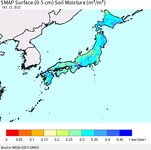 Japan SMAP Surface (0-5 cm) Soil Moisture (m³/m³) Thematic Map For 10/11/2022 - 10/15/2022