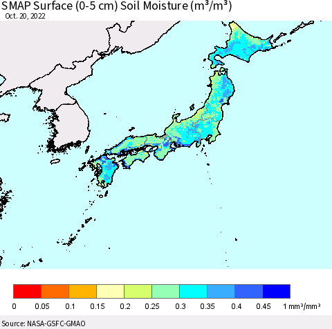 Japan SMAP Surface (0-5 cm) Soil Moisture (m³/m³) Thematic Map For 10/16/2022 - 10/20/2022