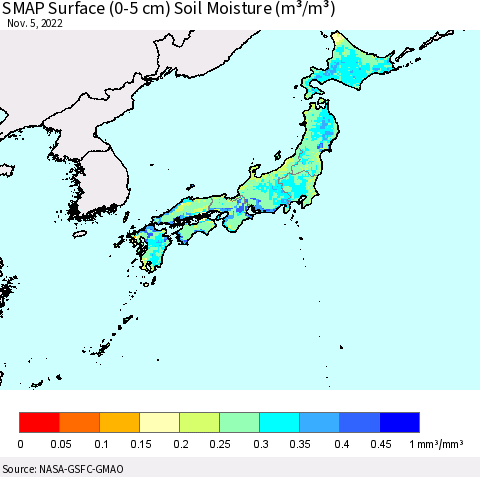 Japan SMAP Surface (0-5 cm) Soil Moisture (m³/m³) Thematic Map For 11/1/2022 - 11/5/2022