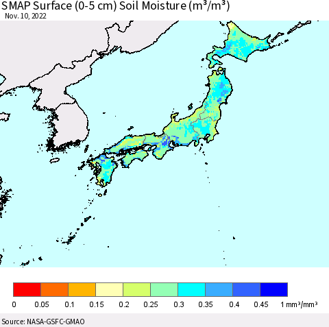Japan SMAP Surface (0-5 cm) Soil Moisture (m³/m³) Thematic Map For 11/6/2022 - 11/10/2022