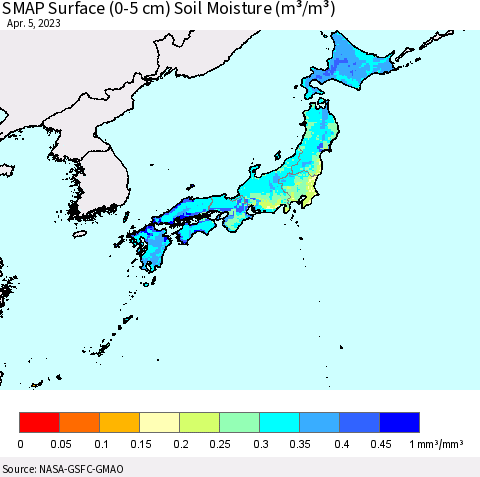 Japan SMAP Surface (0-5 cm) Soil Moisture (m³/m³) Thematic Map For 4/1/2023 - 4/5/2023