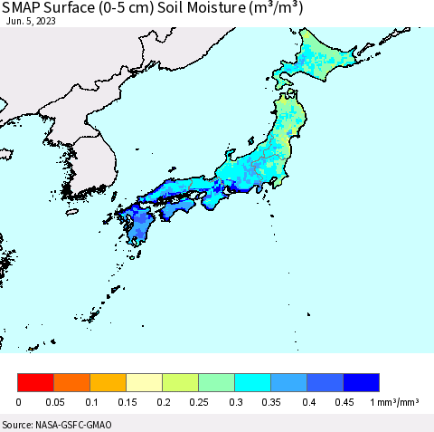 Japan SMAP Surface (0-5 cm) Soil Moisture (m³/m³) Thematic Map For 6/1/2023 - 6/5/2023
