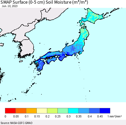Japan SMAP Surface (0-5 cm) Soil Moisture (m³/m³) Thematic Map For 6/6/2023 - 6/10/2023