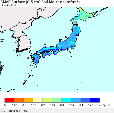 Japan SMAP Surface (0-5 cm) Soil Moisture (m³/m³) Thematic Map For 6/11/2023 - 6/15/2023