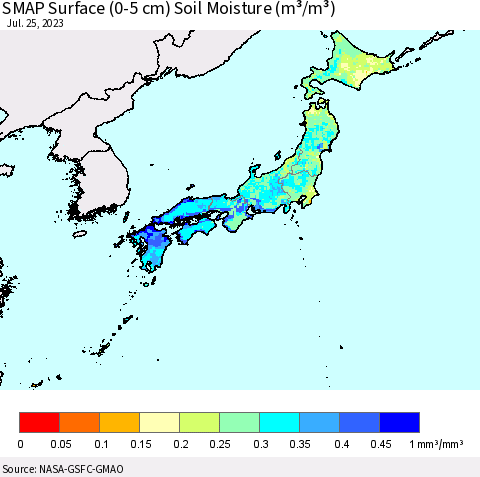Japan SMAP Surface (0-5 cm) Soil Moisture (m³/m³) Thematic Map For 7/21/2023 - 7/25/2023