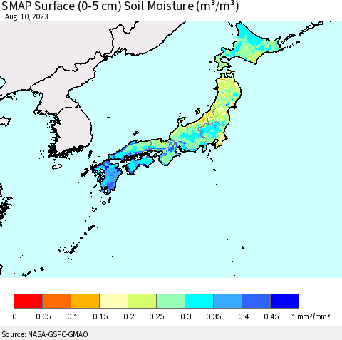 Japan SMAP Surface (0-5 cm) Soil Moisture (m³/m³) Thematic Map For 8/6/2023 - 8/10/2023