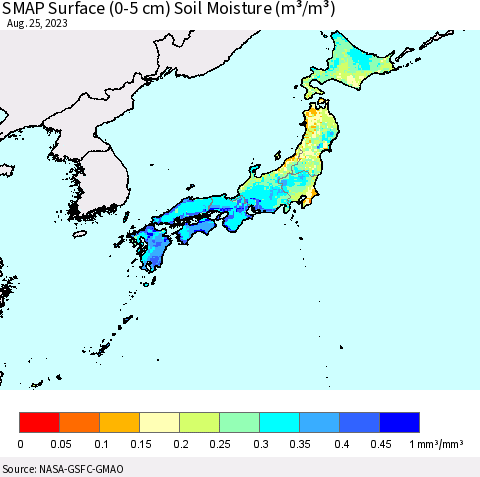 Japan SMAP Surface (0-5 cm) Soil Moisture (m³/m³) Thematic Map For 8/21/2023 - 8/25/2023
