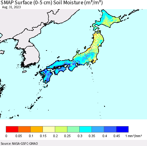 Japan SMAP Surface (0-5 cm) Soil Moisture (m³/m³) Thematic Map For 8/26/2023 - 8/31/2023