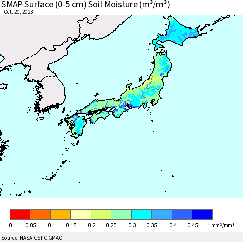 Japan SMAP Surface (0-5 cm) Soil Moisture (m³/m³) Thematic Map For 10/16/2023 - 10/20/2023