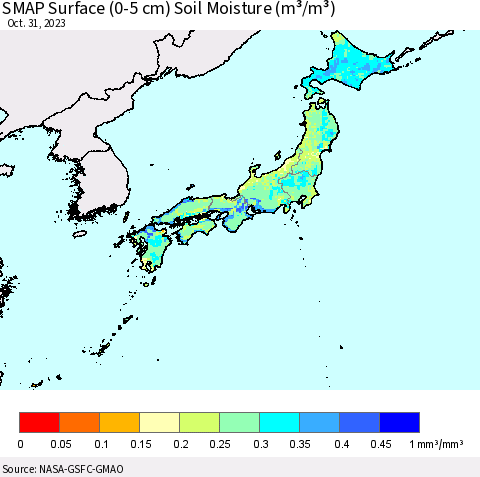 Japan SMAP Surface (0-5 cm) Soil Moisture (m³/m³) Thematic Map For 10/26/2023 - 10/31/2023