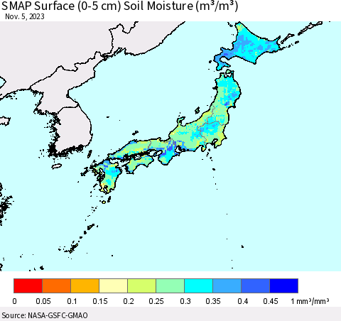 Japan SMAP Surface (0-5 cm) Soil Moisture (m³/m³) Thematic Map For 11/1/2023 - 11/5/2023