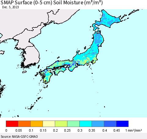 Japan SMAP Surface (0-5 cm) Soil Moisture (m³/m³) Thematic Map For 12/1/2023 - 12/5/2023