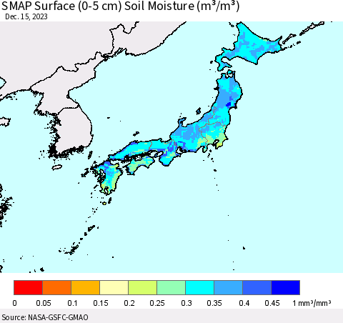 Japan SMAP Surface (0-5 cm) Soil Moisture (m³/m³) Thematic Map For 12/11/2023 - 12/15/2023