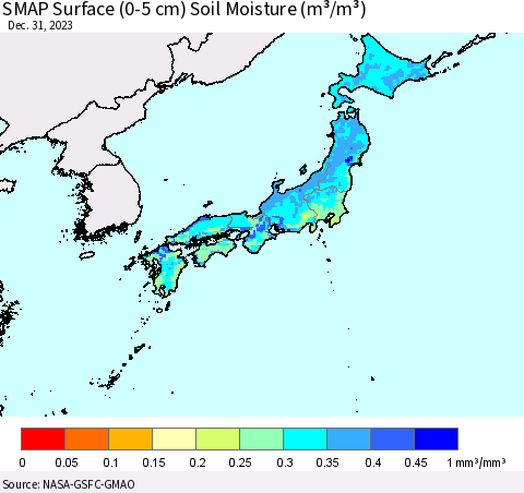 Japan SMAP Surface (0-5 cm) Soil Moisture (m³/m³) Thematic Map For 12/26/2023 - 12/31/2023