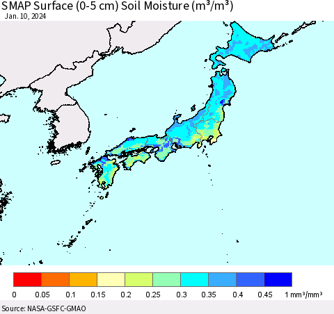 Japan SMAP Surface (0-5 cm) Soil Moisture (m³/m³) Thematic Map For 1/6/2024 - 1/10/2024