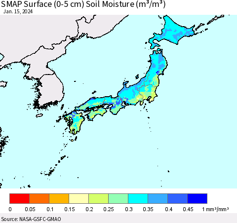 Japan SMAP Surface (0-5 cm) Soil Moisture (m³/m³) Thematic Map For 1/11/2024 - 1/15/2024
