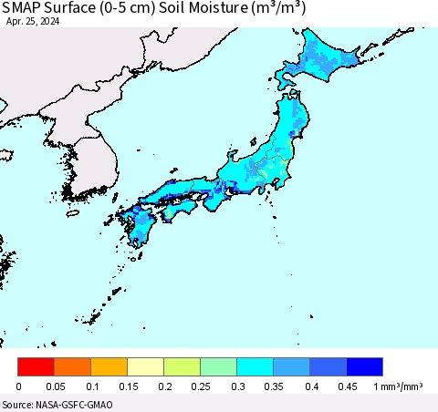 Japan SMAP Surface (0-5 cm) Soil Moisture (m³/m³) Thematic Map For 4/21/2024 - 4/25/2024
