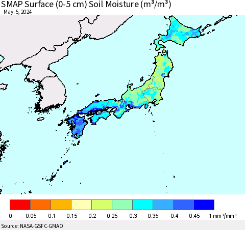 Japan SMAP Surface (0-5 cm) Soil Moisture (m³/m³) Thematic Map For 5/1/2024 - 5/5/2024