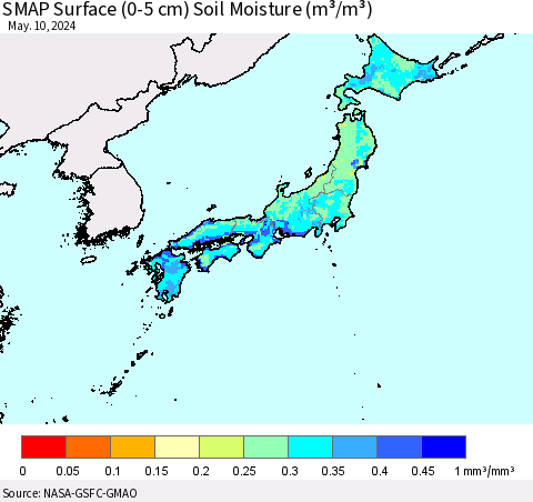 Japan SMAP Surface (0-5 cm) Soil Moisture (m³/m³) Thematic Map For 5/6/2024 - 5/10/2024